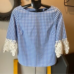 Liz Claiborne Blue Gingham Top with Lace Sleeves M